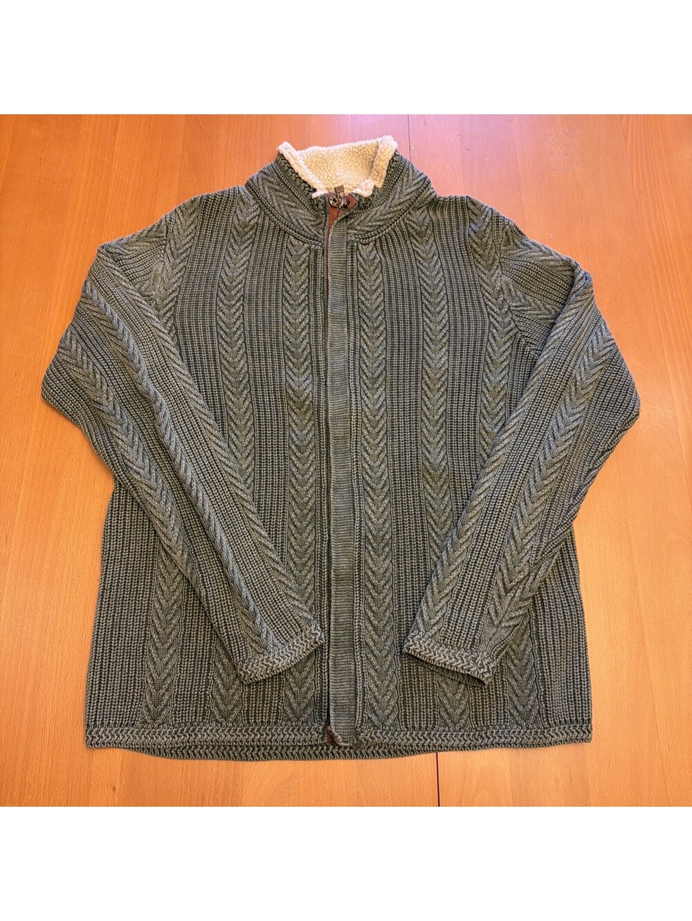 Carbon2Cobalt Cable Knit Sweater Mens Large L Green Timberline Sherpa Fisherman